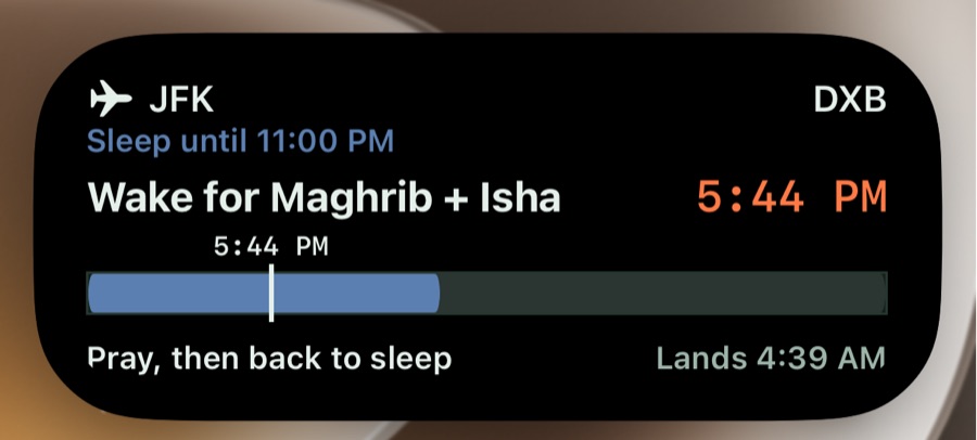 Dynamic Island expanded: wake for Maghrib and Isha at 5:44 PM, then back to sleep, landing at 4:39 AM